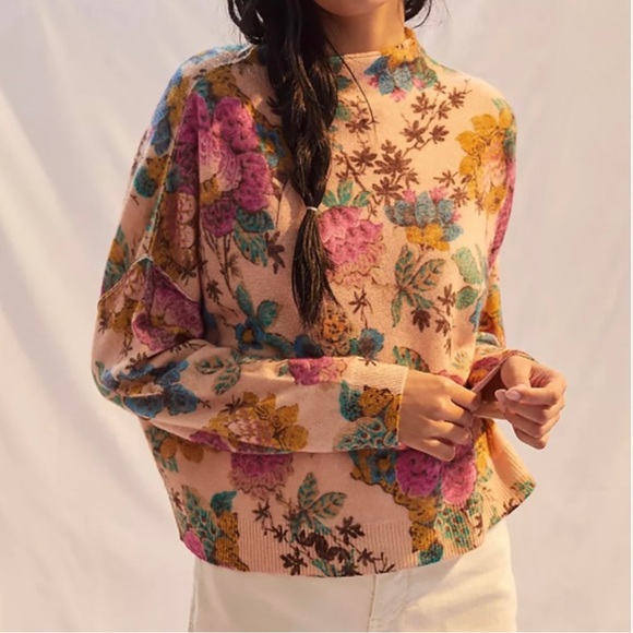 SOLD-Anthropologie Cashmere Floral Print Mock Neck Long Sleeve Sweater Pilcro - Picture 10 of 14
